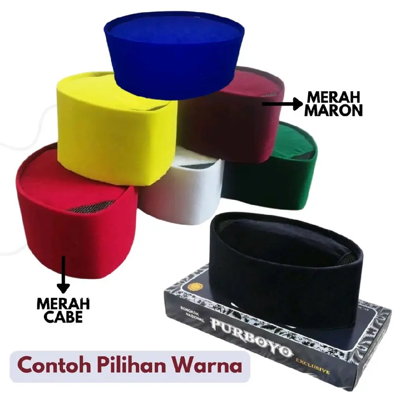 Peci Tinggi 7 cm - Beludru Halus dan Tebal Berkualitas Premium Model AC -  Kopiah Polos Muslim Pria Dewasa - Songkok Purboyo Warna Hitam, Putih, Merah Maron, Biru, Hijau, Kuning, Merah Cabe 2