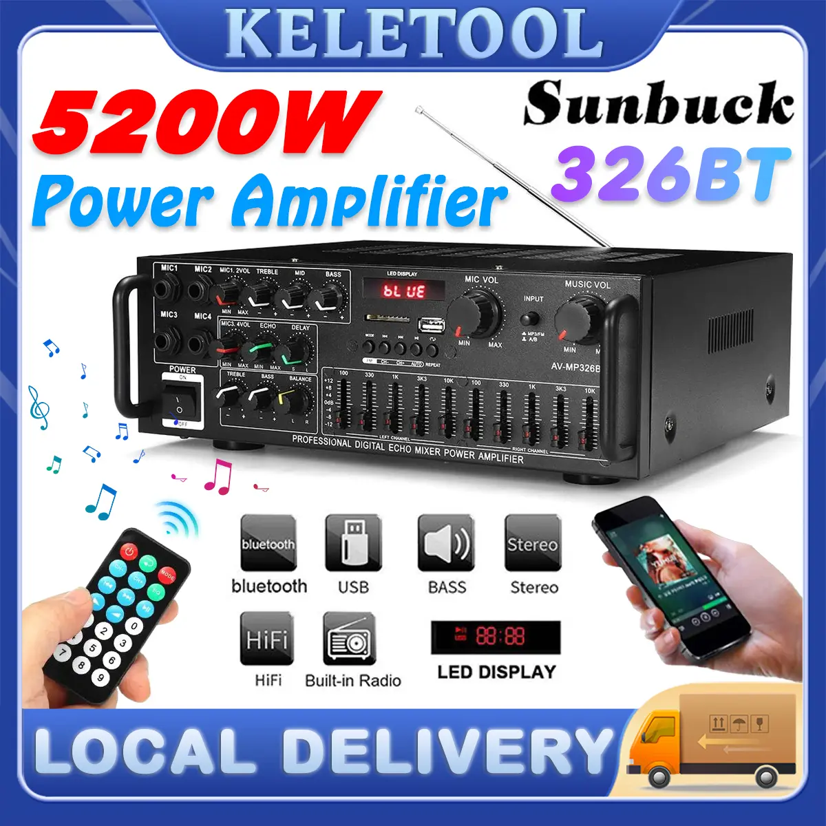 Sunbuck Power Amplifier 326BT 325BT 298BT 660BT Bluetooth Karaoke Power Amplifier Audio Stereo Amplifier Home Theater