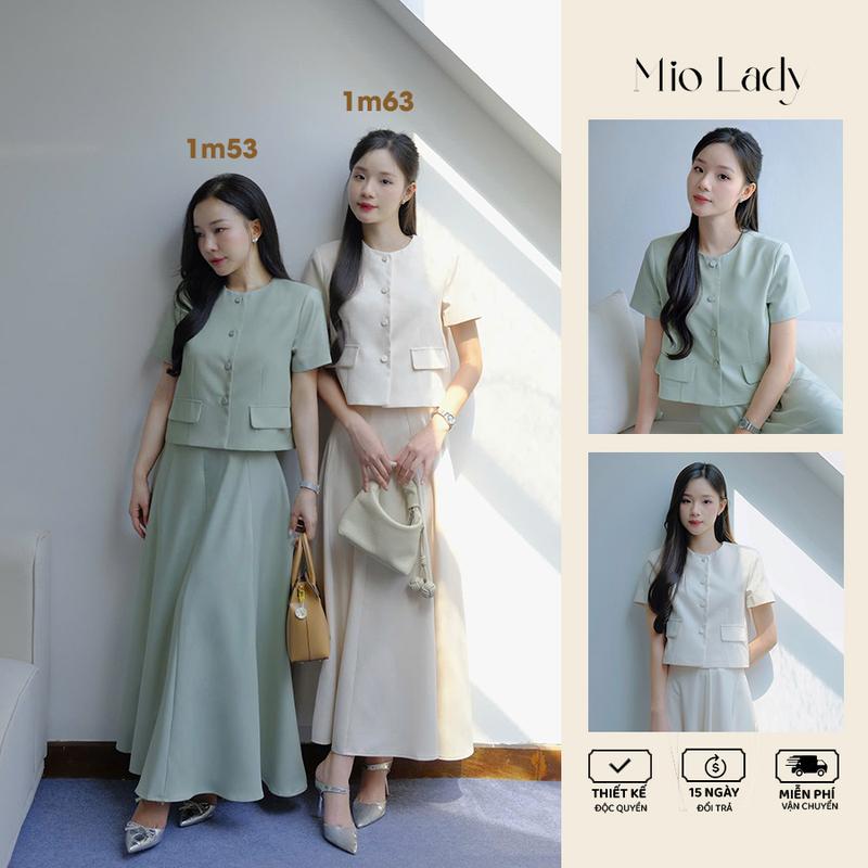 Set Áo Ký Giả Nữ Kèm Chân Váy Xếp Ly áo và chân váy đều có lót Chất Vải Chéo Hàn Mùa Xanh Be Women Voi Kem