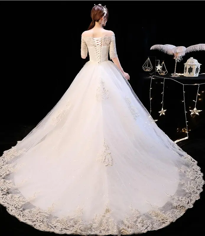 Wanita Maxi gaun pengantin dari renda putih pesta pernikahan Ekor Panjang Short Sleeve Long Tail Women White Lace Wedding Dresses Maxi Bride Gown 5