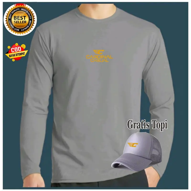 Kaos Pria Cardinal DT Gold ( Bonus Topi ) Lengan Panjang Bahan Adem tebal dan Lembut / Kaos lengan panjang / kaos bonus topi / beli baju dapat topi / kaos distro / kaos pria / kaos unisex / kaos tebal 1