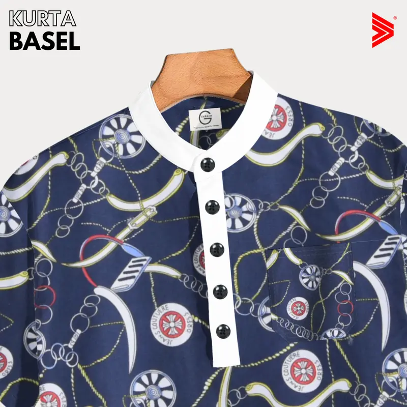 Tiagan99 Kemeja Koko Kurta Pria Shanghai Lengan Pendek Motif Biru Putih Bahan Katun Series Basel 2
