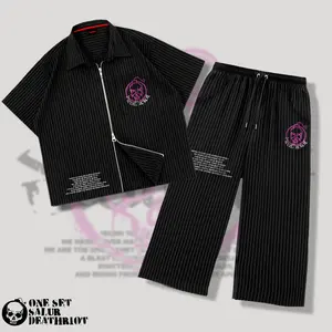 DTRT - One Set Workshirt Boxy Double Zipper Baggy Pants Stripe Salur Garis-garis hitam - Free Gift