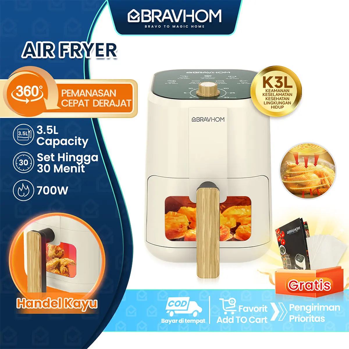 (COD)Bravhom Air Fryer Low Watt 700 Watt 3.5l Knob Control Anti Lengket Penggorengan Tanpa Minyak Pemanas Makanan listrik AF02 oven listrik