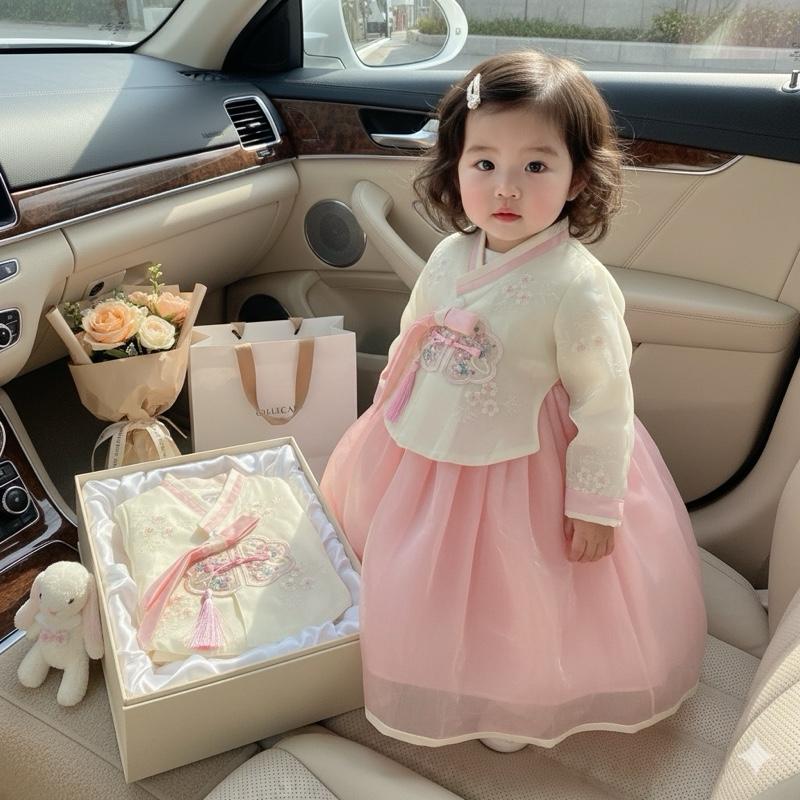   NEW - ĐỘC QUYỀN  Hanbok Hàn Quốc Hoa Thêu Kem Phối Đầm Hồng Co Dãn Cho Bé Gái 4-30kg 
