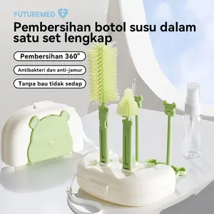 FUTUREMED Sikat Botol Susu Bayi 6 in 1 Set Multifungsi + Rak Pengering Portable | BPA Free, Cocok untuk Travelling Bottle Pembersih
