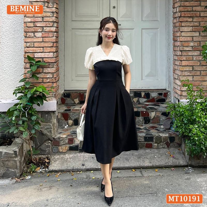 Đầm thiết kế BEMINE cổ V phối tơ thêu dáng chữ A phù hợp đi làm, đi chơi-MT10191