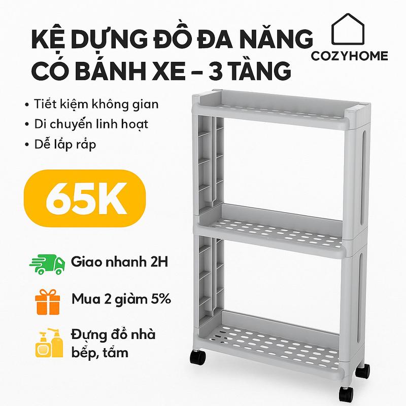 Kệ 3 Tầng COZY HOME Đựng Đồ Đa Năng Nhà Tắm Nhà Bếp Kệ góc hẹp di động có Bánh Xe Kitchen