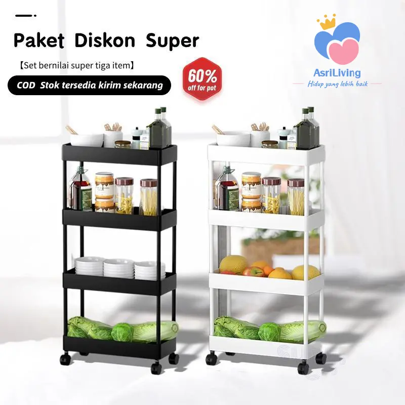 COD Rak Serbaguna Dengan AsriLiving Roda Rak KamarMandi Square Rak Persegi Dapur Plastik 4 Susun 1