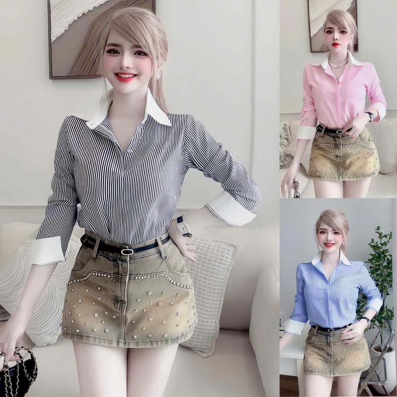 Áo sơ mi nữ tay dài kẻ sọc nẹp nút phối cổ trắng, áo sơ mi công sở