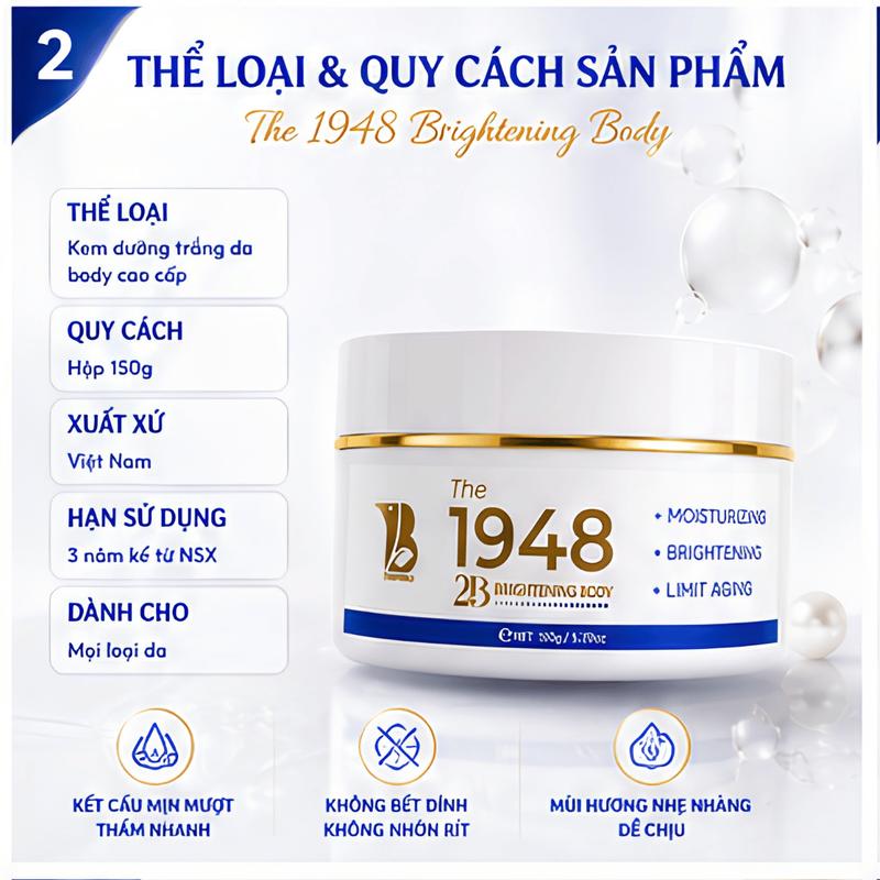 COMBO 2 Kem Body Dưỡng Trắng Da THE 1948 Brightening Body 150g - Kem Dưỡng Thể Toàn Thân Nâng Tone Tự Nhiên Giảm Thâm Sạm Nám Cấp Ẩm Chống Lão Hóa Phù Hợp Cho Cả Nam Và Nữ Giúp Da Mềm Mại Mịn Màng Trắng Sáng Bật Tone Kháng Nước