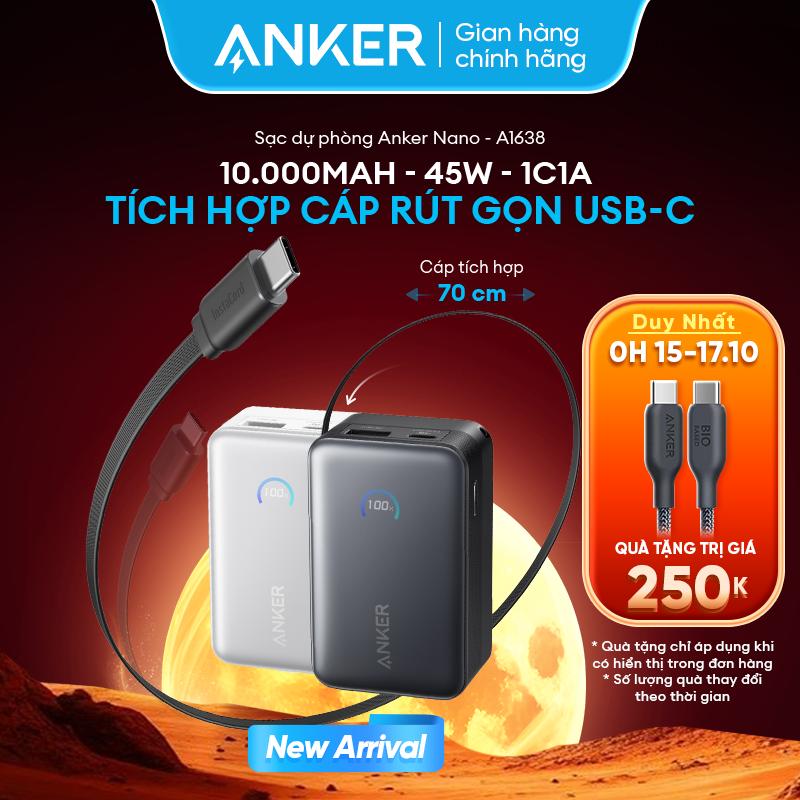 [Nano] Sạc dự phòng Anker Nano 10.000mAh | Công suất 45W | 2 cổng 1C1A | Tích hợp cáp USB-C rút gọn tuỳ chỉnh | Sạc được 3 thiết bị cùng lúc | Siêu nhỏ gọn | Sạc nhanh công nghệ PD, ActiveShield3.0 - A1638