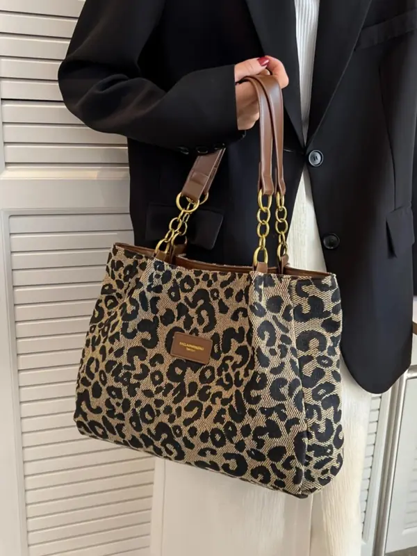 Fashion Leopard Pattern Tote Bag, Lightweight and Versatile Shoulder Bag, Casual Large Capacity Commuting Bag, Shopping Bag, Solid Color Bag 3