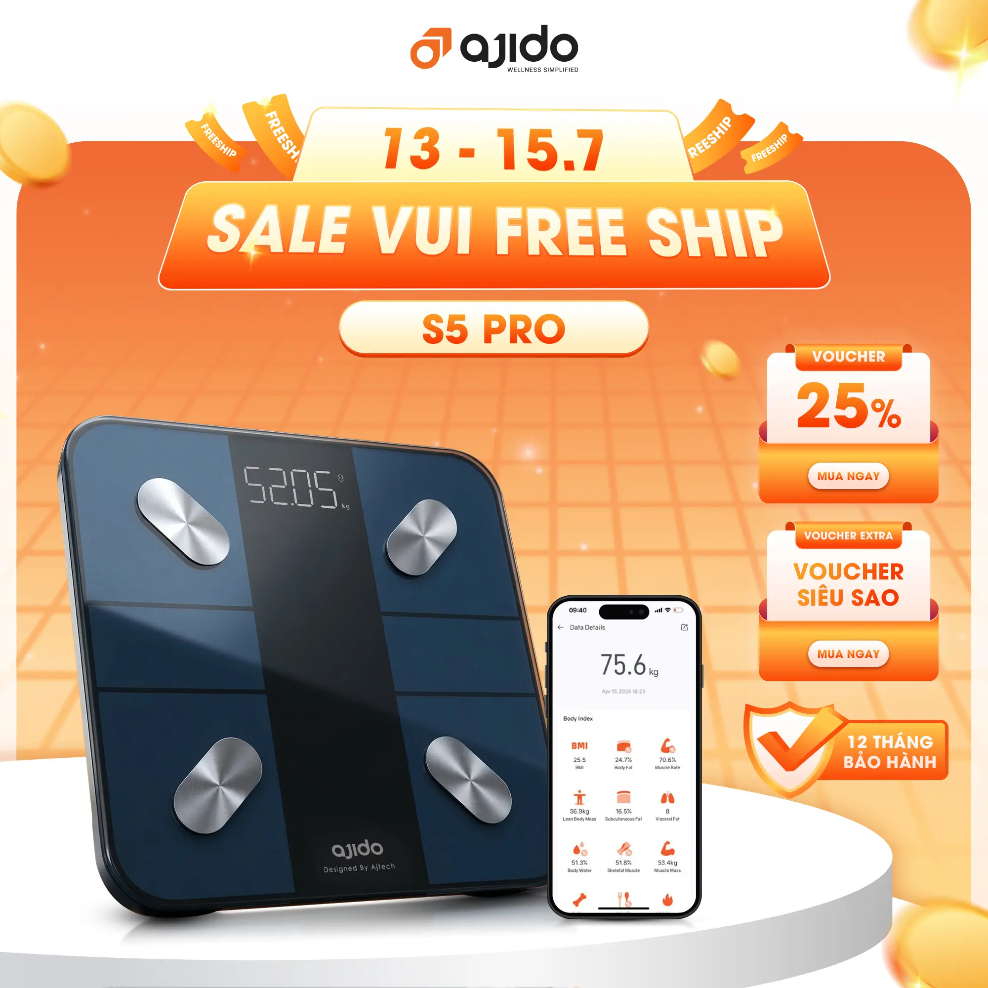 Cân Điện Tử Thông Minh Ajido S5 Pro Kết Nối Bluetooth Với App Ajido Health Phân Tích 20 Chỉ Số Sức Khỏe