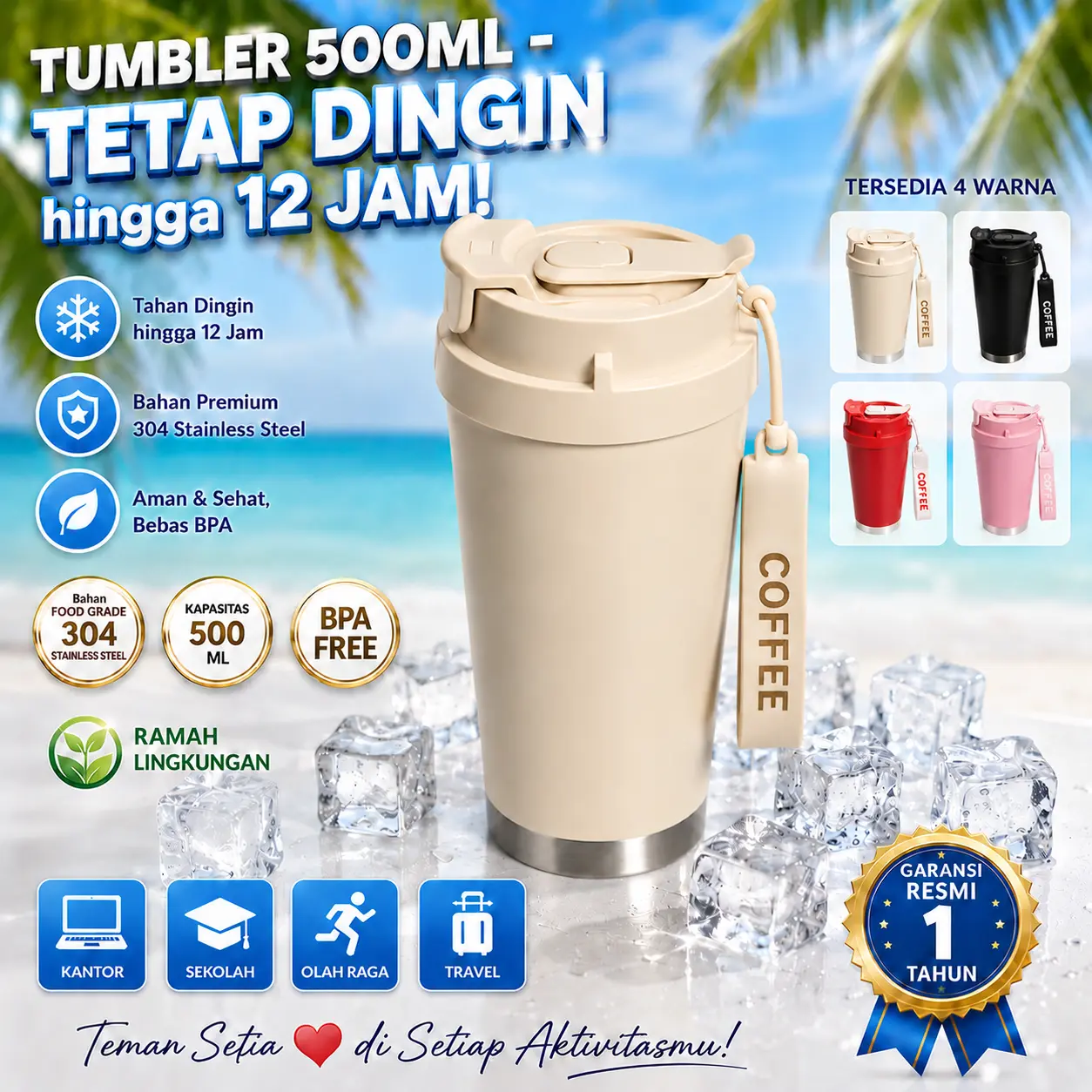 Tumbler 500ml Stainless Steel 304 — Super Tahan Dingin 24 Jam! Vacuum Insulated Anti Bocor 100% Cocok untuk Musim Panas & Outdoor Bawa Mana Saja Dingin Selalu!