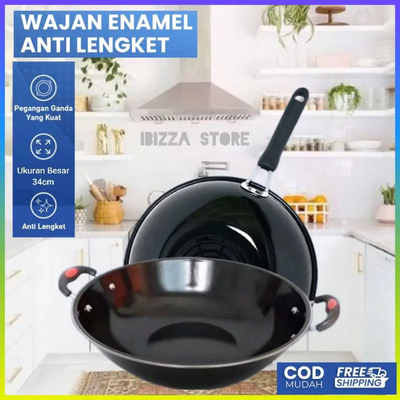 WAJAN ENAMEL PANCI 34cm  HITAM KUPING GAGANG PANJANG WAJAN ANTI LENGKET ANTI GORES