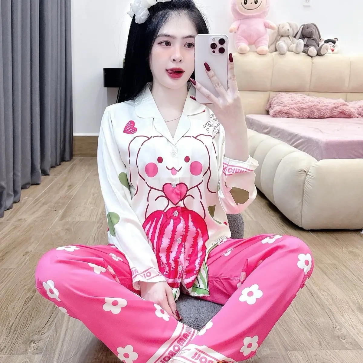 (42-60kg)bộ đồ ngủ pijama LỤA MỊN THỎ HỒNG mềm mịn mát Nữ