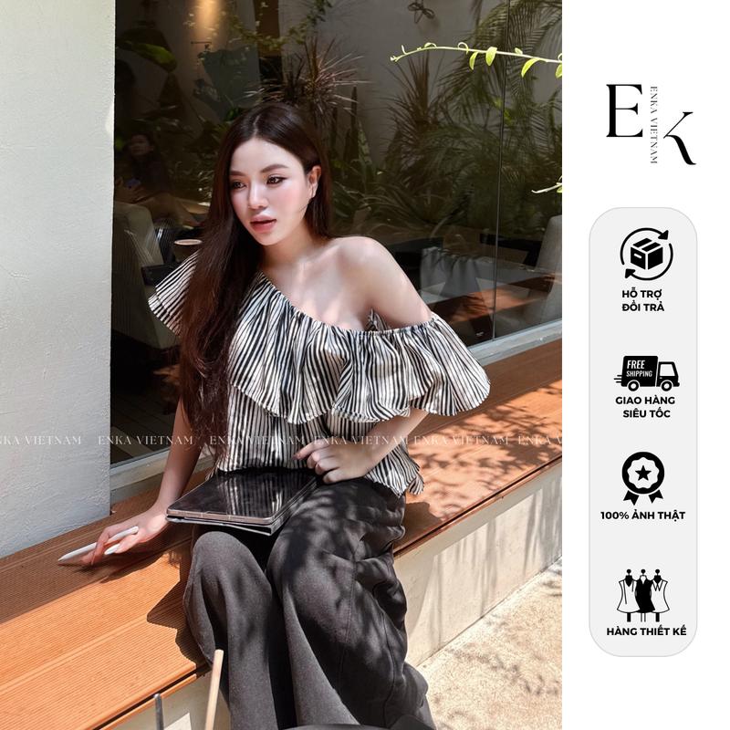 Áo trễ vai sọc trắng đen Helen bigsize dưới 65kg mặc nhiều kiểu áo nữ 1 bên trễ vai mùa hè đơn giản - ENKA VIETNAM