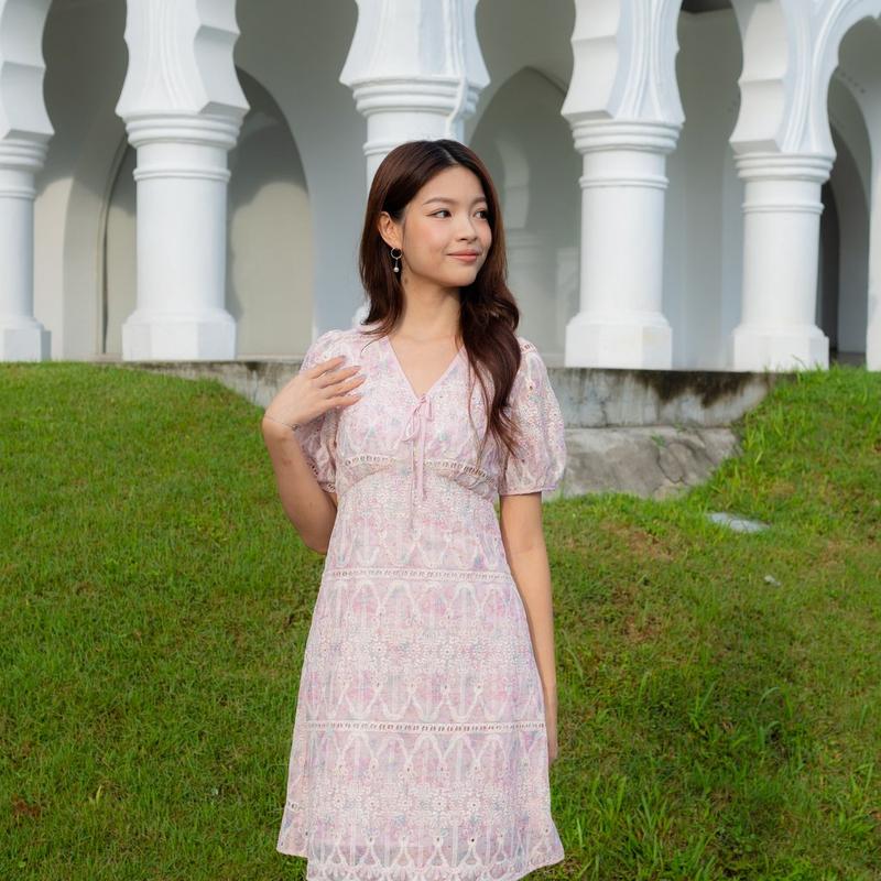 Callista Prints Embroidery Sleeve Dress In Pink 0