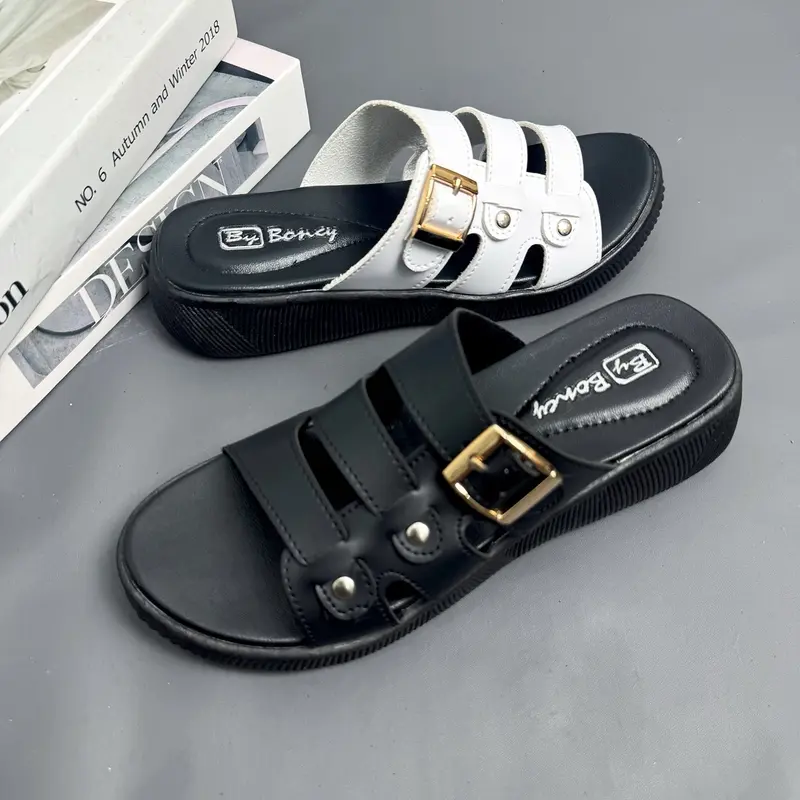 Sandal wedges wanita dewasa terbaru kekinian sendal selop kondangan acara formal Hitam Karet 0
