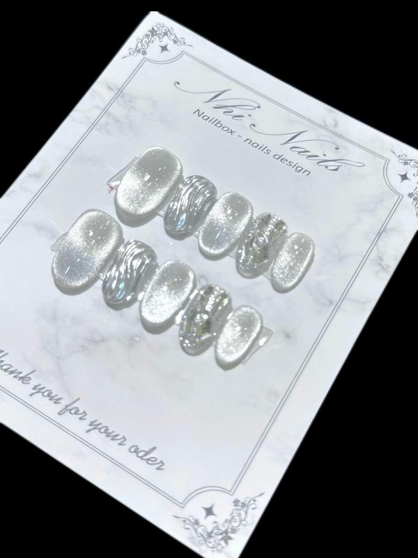 N178 bộ 10 chiếc nailsbox thủ công màu mắt mèo thạch gạo phối tráng gương đính đá sang trọng làm nails nữ
