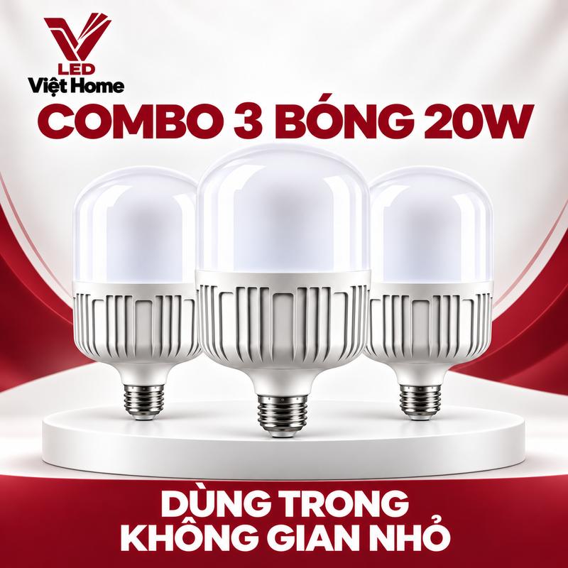 Combo 3 Bóng Đèn 20W Ánh Sáng Trắng LED Việt Home dùng trong không gian nhỏ, bảo hành 12 tháng, tuổi thọ cao, chống nước, chống muỗi