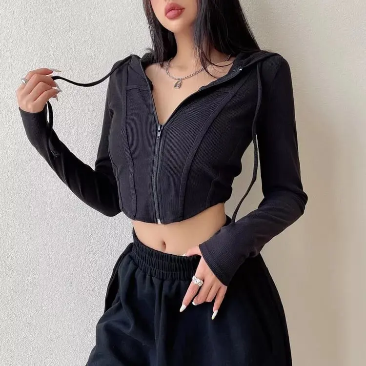 crop top long sleeve y2k/Crop Top Hoddie Zipper Lengan Panjang/ Atasan Jaket Zipper polos