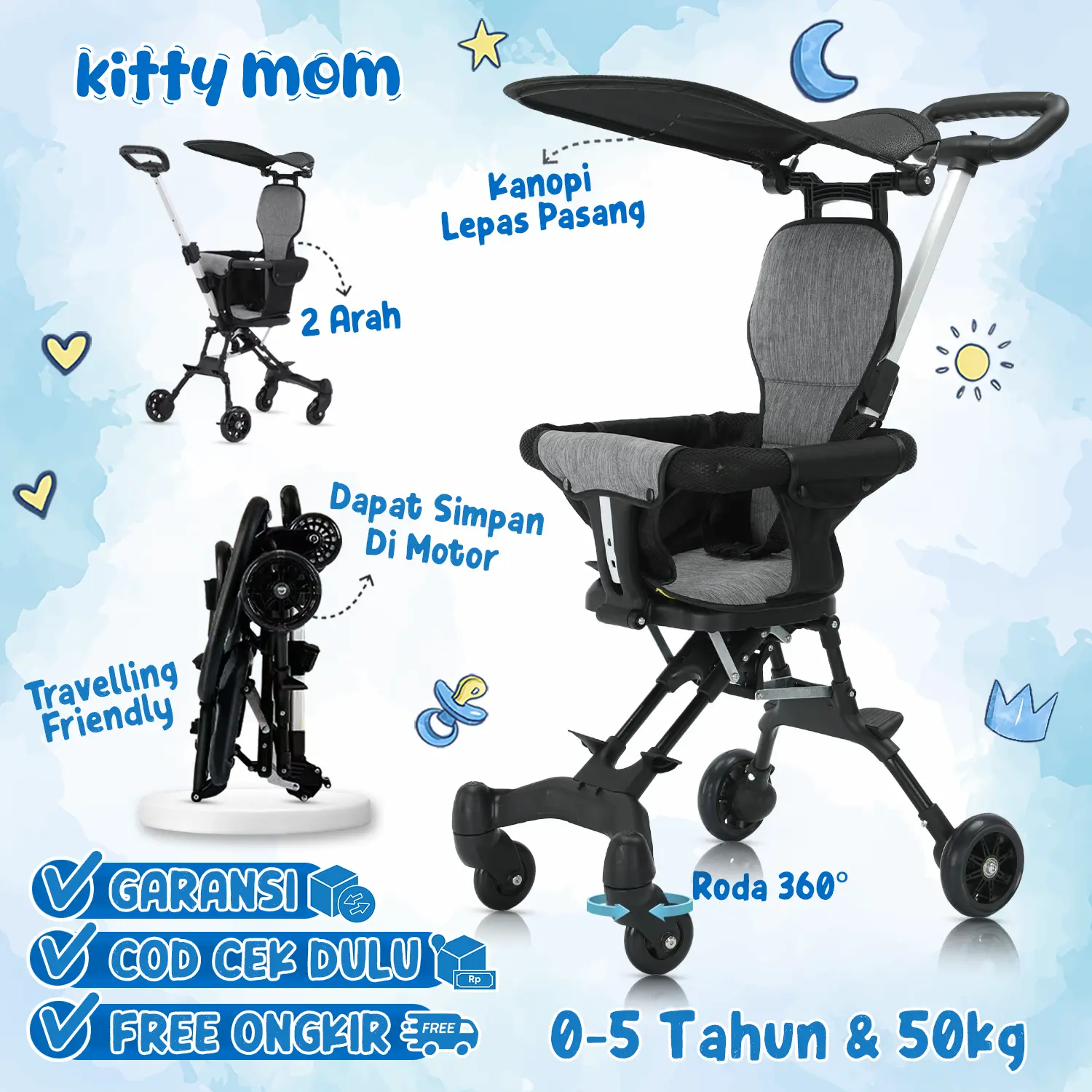 Kitty Mom - Stroller Baby Lipat 2 Arah Travel Foldable (Sepeda Motor Dapat Dibawa) Cabin Size Dorong Bayi