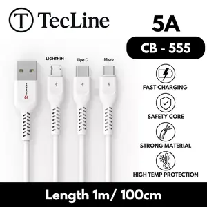 TecLine Kabel Charger 5A Fast Charging 100cm CB-555 Micro USB Type C Lightnin Kabel Data Nylon Premium 5A Fast Charging 100cm Safety Core