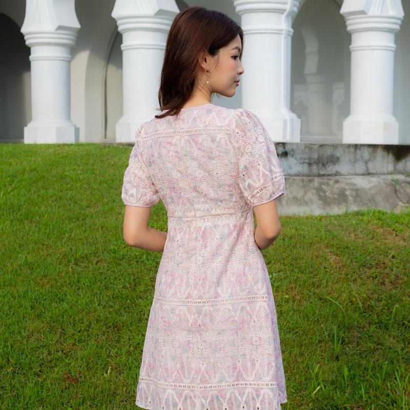 Callista Prints Embroidery Sleeve Dress In Pink 5