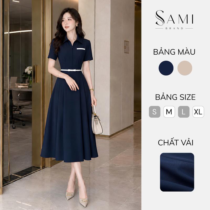 Đầm Thiết Kế SAMI Dáng Chữ A Cổ Bẻ Có Khoá Kéo, Đầm Công Sở Dáng Dài Thanh Lịch Sang Trọng - SM0008/SM0009