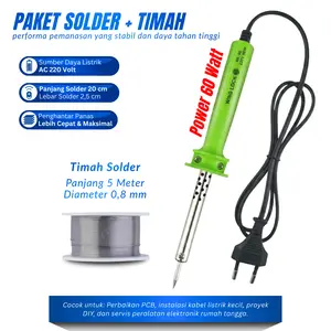 Set Solder Listrik 60W + Timah Solder 5 Meter Gagang Tahan Panas Solder Iron Temperature 60 Watt Paket Solder Listrik Perekat PCB