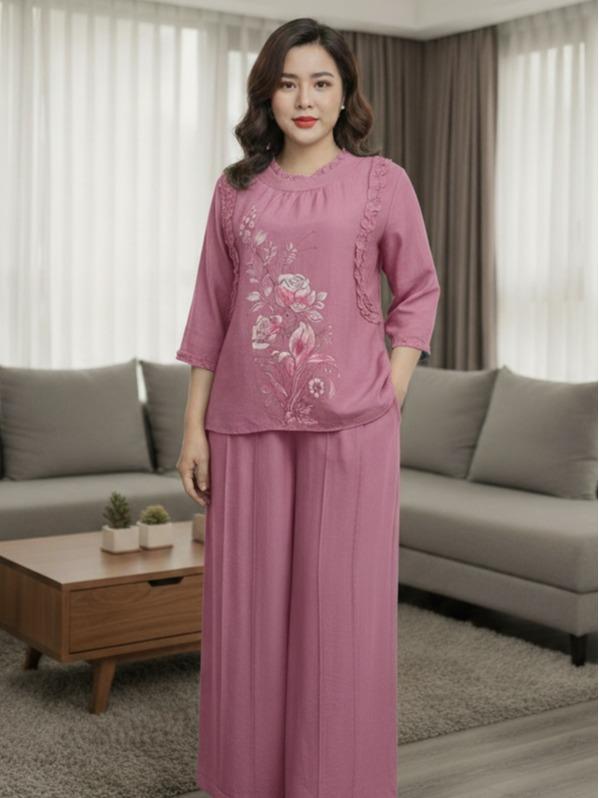 MS06 Bộ Đồ In Hoa Dáng rộng thời trang,Bộ quần dài lưng chun co giãn dễ mặc chất liệu đũi tơ mềm mịn thoáng mát có bigsize 40kg đến 85kg Nữ Kem Women Top Nhung Áo Nhung Áo set đỏ hồng đường viền botieuthu sét váy dạ lông setbộ setbo 3mon chân