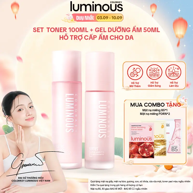 SET 1 TONER 100ml + 1 GEL Dưỡng Ẩm 50ml Colorkey Luminous Hỗ Trợ Cấp Ẩm Cho Da