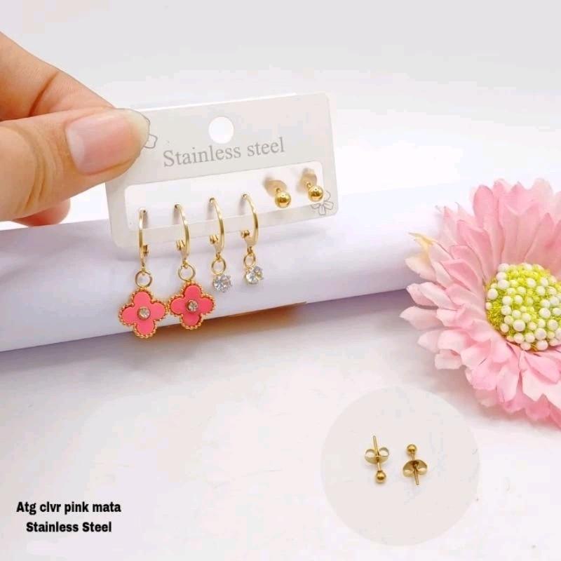 anting bunga korea satu set titanium terbaru anti luntur dan karat Elegan Hadiah 3