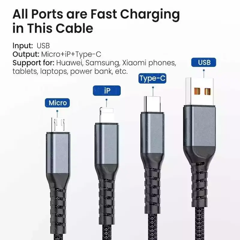 Kabel Data 3in1 100w Fast Charging USB Micro / Type C / IOS Aluminium Hitam Konektor Cable 5