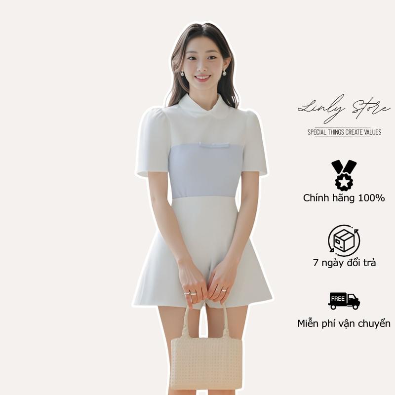 Áo cổ sen thiết kế tay bồng đính nơ, áo kiểu nữ dáng lửng phối kẻ tiểu thư Linly Store A-PC8