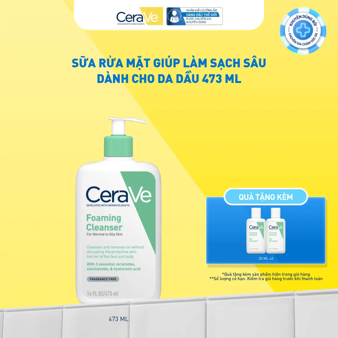 Sữa rửa mặt giúp làm sạch sâu dành cho da dầu Cerave Foaming Facial Cleans 473ML, tạo bọt làm sạch sâu dịu nhẹ và cung cấp độ ẩm cho da. Chăm sóc da_Sữa rửa mặt_Skincare cho Nam và Nữ_Cleansing