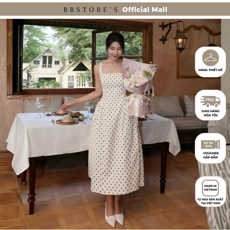 Đầm Xòe Dự tiệc Form Dài Hai Dây Họa Tiết Chấm Bi Chất Cotton Chéo BBSTORE'S - D4287T