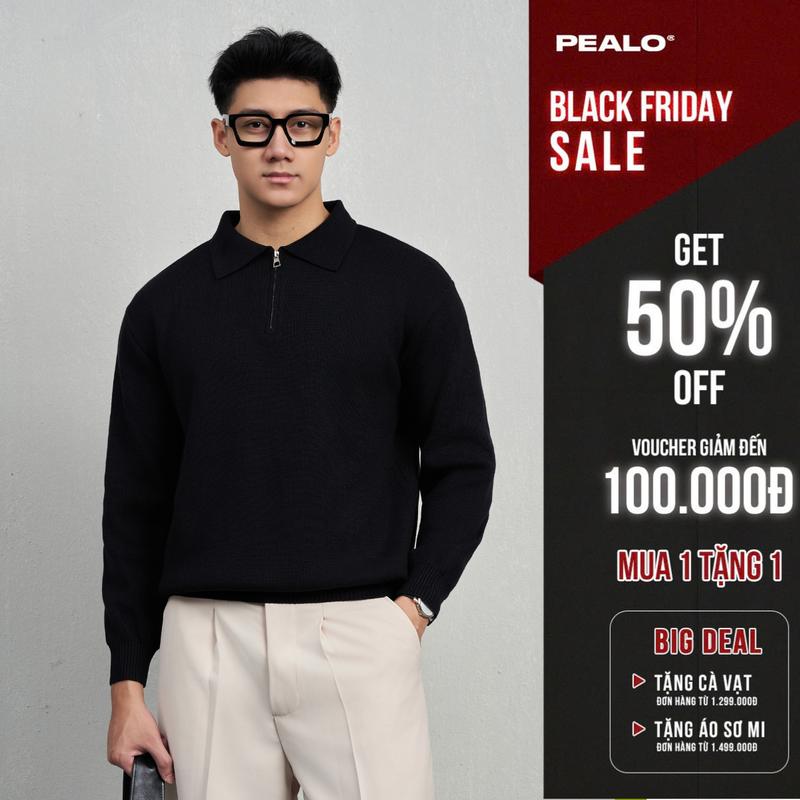 Áo len polo kéo khoá PEALO dài tay chất liệu len cao cấp