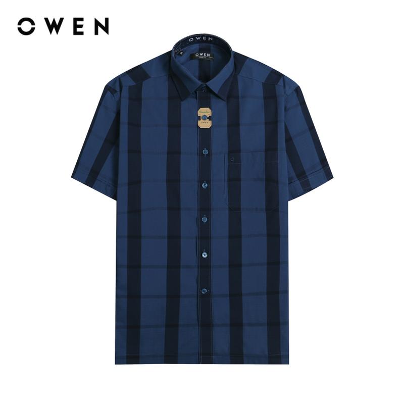  OWEN - Áo sơ mi ngắn tay Body Fit Có túi AB230091NT màu Xanh navy Kẻ caro chất liệu Bamboo meswear 