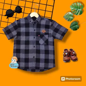 Atasan kemeja flanel anak laki laki lengan pendek usia 2 3 4 5 6-12 tahun Cotton Kids kemeja  anak
