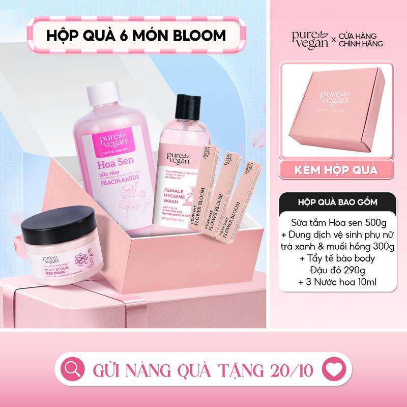 [Set Quà Tặng 20/10] Hộp Quà BLOOM Pure Vegan Sữa Tắm 500gr & Thảo Dược Vệ Sinh 300gr & TTBC Body 290gr & 3 Chai Nước Hoa Nữ 10ml