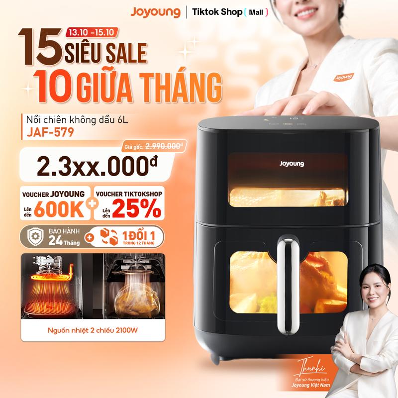 Nồi chiên không dầu Joyoung JAF-579, Dung tích lớn 6.0L, Nguồn nhiệt 2 chiều 2100W, Cửa sổ kép trong suốt, 12 chế độ nấu