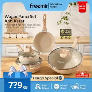 [LIVE PREMIUM] freemir Set Wajan 4 Pcs 16/20/20/26 Cm Paket Komplit Sultan Alat Masak Anti Lengket Wajan Panci Tutup Kaca Premium Beige