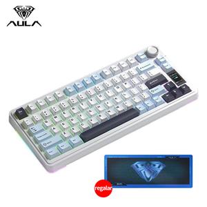 eclado Mecánico Personalizado AULA S75PRO| Estructura GASKET Triple Modo Inalámbrico (Bluetooth/2.4G/Cable)| Pantalla Multifunción + Perilla| Ejes Estrella/Café Caramelo| Colores Degradados/Transparentes| Para Juego y Oficina