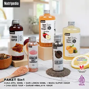 NUTRIPEDIA Paket 5 in 1 BIG Sari Lemon 500 ml Cuka Apel 500 ml Madu Hutan 350 gr Chia Seed 70 gr Garam Himalaya 100 gr