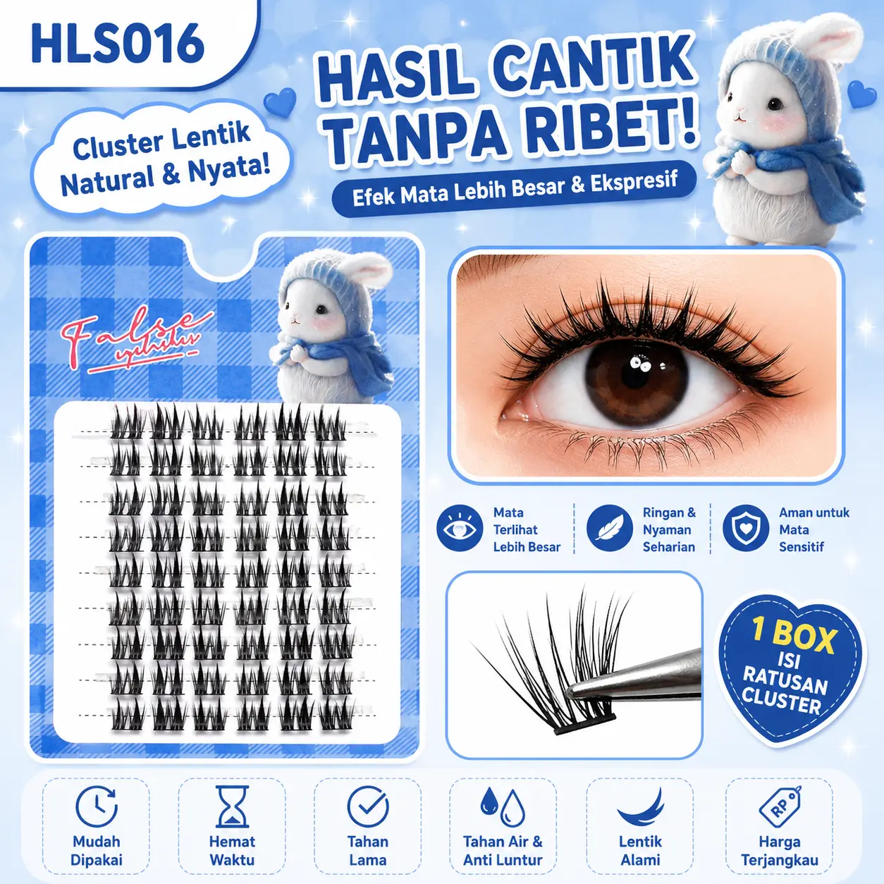 Bulu Mata Palsu Cluster 60 Pcs DIY Lash Extension Natural Wispy Volume Individual Lashes Ringan Lembut Lentik Mudah Dipasang Pasang Sendiri untuk Pemula Korean Look Douyin Style Makeup Harian Bulu Mata Tempel Pakai Lem Nyaman