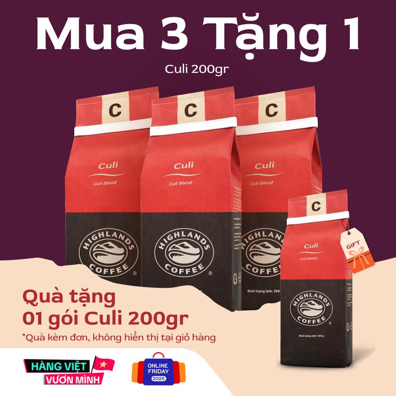 Bao bì giấy- Mua 3 tặng 1 gói cùng loại Combo 3 gói cà phê Culi Highlands Coffee 200g - pha phin vị đậm đà hương thơm vani nguyên bản chất Việt gu mạnh