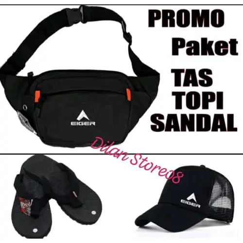 1 paket Hemat isi Tas Selempang+Topi+Sandal murah dan simpel Pria Simple tas  selempang